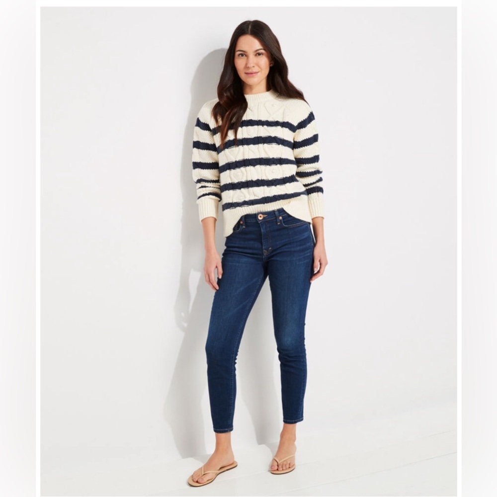 Vineyard Vines navy cream striped crewneck fisherman chunky sweater M - Picture 4 of 11